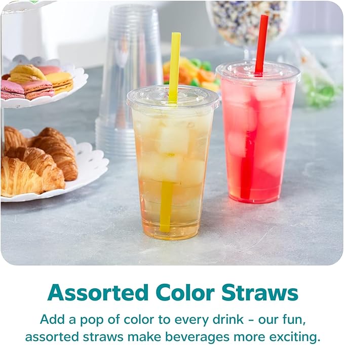 GUSTO [24 oz. - 100 Count Clear Cups with Flat Lids & Straws - Disposable Clear Drinking Cups for Iced Coffee, Cold Drinks, Milkshakes, and Smoothies - Formerly Comfy Package