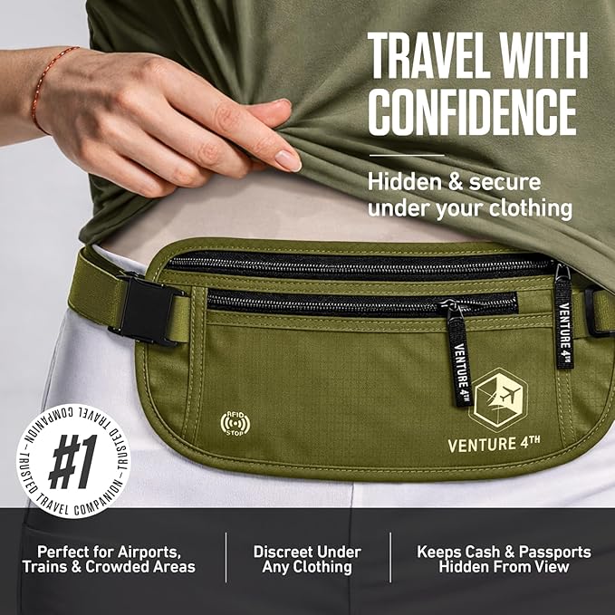 VENTURE 4TH Travel Money Belt – Hidden Under-Clothes RFID Blocking Passport Holder & Slim Travel Wallet Pouch for Men & Women to Protect Cash, Cards & Documents (Green)