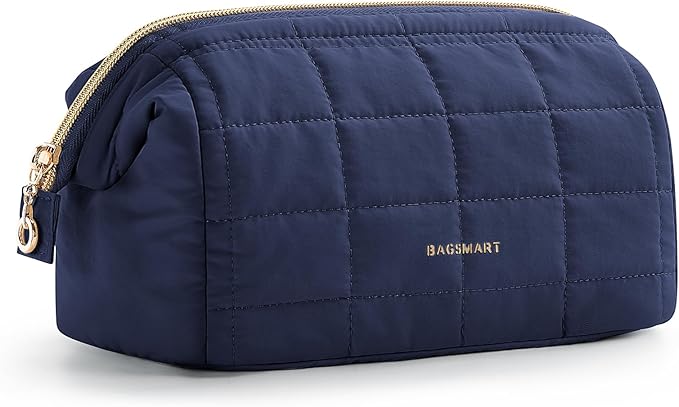 BAGSMART Makeup Bag Travel Toiletry Bag, Puffy Padded Makeup Bags for Women Makeup Organizer Case, Wide-open Pouch Purse Travel Essentials Toiletries Accessories Brushes, Navy Blue