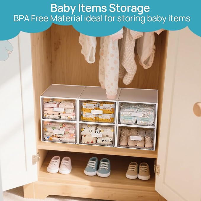 Vtopmart 4 Pack 18QT White Stackable Storage Drawers, Easily Assemble Closet Organizers, Plastic Storage Bins for Bathroom, Cabinet, Kitchen Pantry, Under Sink Organization (Medium)