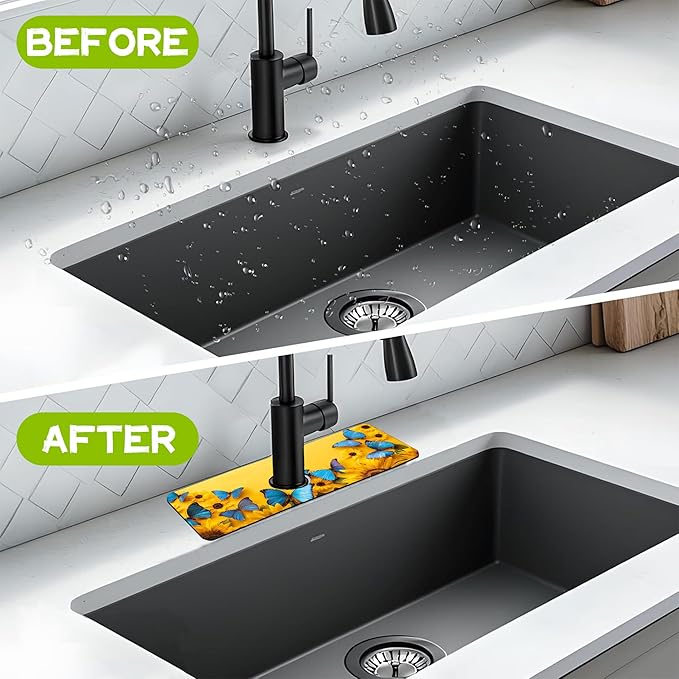 Kitchen Sink Splash Sunflowers and Blue Butterflies Guard Faucet Mat, Super Absorbent Fast Drying Mat Guard Behind Faucet Drip Catcher for Kitchen Bathroom, 15.5"X5.5"
