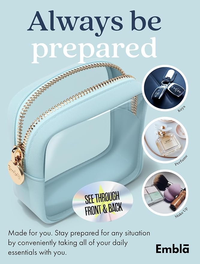 Embla Clear Makeup Bag Zipper Pouch, Transparent Cosmetic Case Organizer, TSA Approved Travel Toiletry Case, Travel Accessories Essentials Makeup Tote for Women, Mini Cute Make up Bag for Purse - Sky
