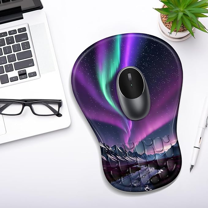 YIWEI Ergonomic Mouse Pad with Wrist Rest - Comfortable Office Mousepad with Memory Foam Wrist Support for Carpal Tunnel Relief, Mouse Pads with Non-Slip Base for Gaming and Home (Aurora)