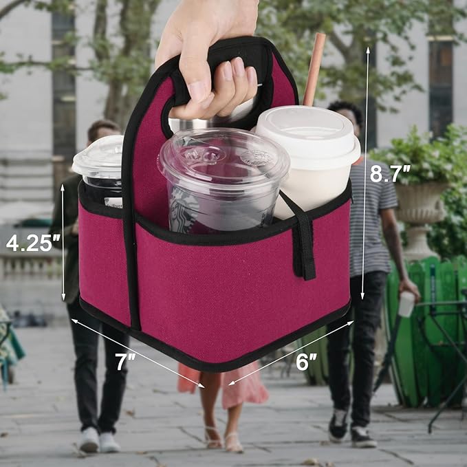Beautyflier Reusable Insulated Coffee Cup Carrier, Portable Drink Holder with Handle Organizer Tote Bag for Hot & Cold Drinks (Wine Red)