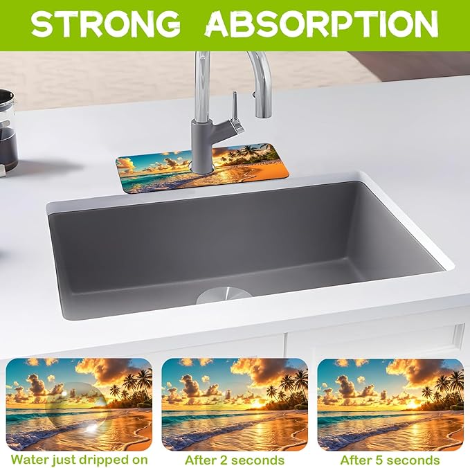 Kitchen Sink Splash Guard Faucet Mat Super Absorbent Fast Drying Mat Guard Behind Faucet Drip Catcher for Kitchen Bathroom (Sunset Beach Waves Palm Trees, 23.5"X5.5")