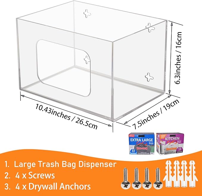 SEANADO Extra Large Trash Bag Dispenser Roll Holder, Wall Mount Acrylic Kitchen Under Sink Organizer Storage Box Large Garbage Bags (10.43” x 7.5” x 6.9” without Lid)