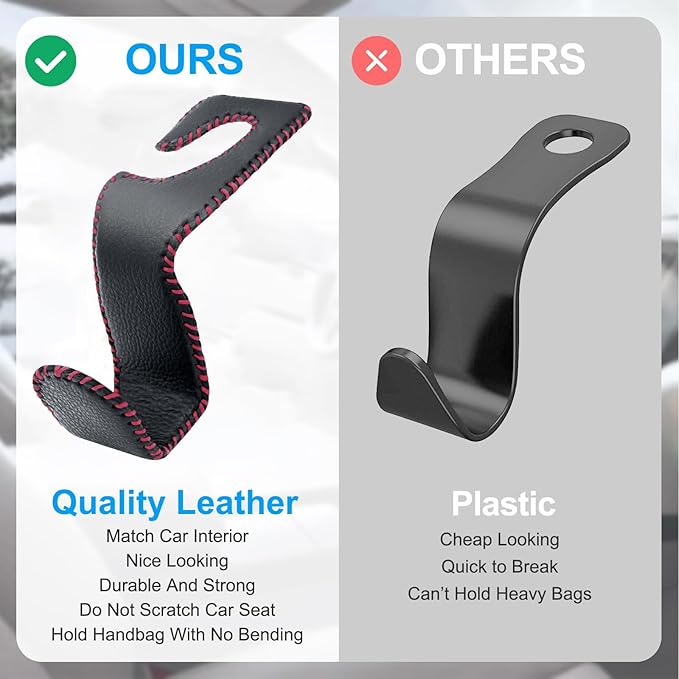 Car Seat Hooks for Purses and Bags, 4 Pack Car Purse Holder for Grocery Bag Handbag Clothes, Metal Headrest Hooks Covered by Leather, Black Red