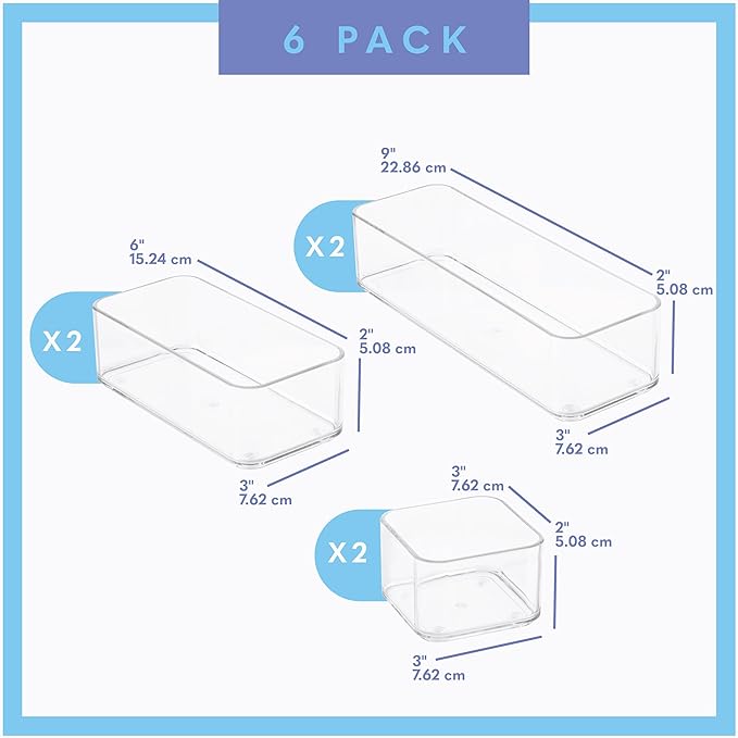 primebox Six Pieces. Plastic Clear Drawer Organizers for Bathroom, Kitchen, Bedroom, Office. Organizer Bins, Storage Trays. Heavy Duty, Stackable, Non-Slip. 3 Sizes