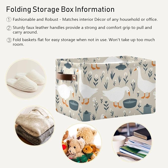 Aslsiy Storage Basket Cute Goose Nursery Bins Doodle Flowers Baby Box Canvas Clothes Shelf Basket Laundry Hamper Gift Basket for Home Closet 2 Pcs