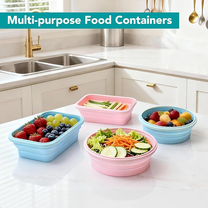 4 Pack Silicone Collapsible Bowls with Lids for Camping, Square Food Storage Containers Set, Leak-Proof & Portable Collapsible Kitchen Containers for Travel, Hiking, Picnic & Meal Prep