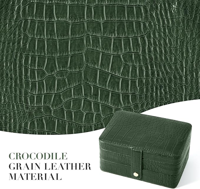 PU Leather Travel Jewelry Organizer Case for Women & Girls, 2-Layer Portable Jewelry Box for Earrings, Rings, Necklaces, Bracelets, Compact Jewelry Storage (Green)