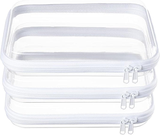 3-Pack Medium Clear Hard Shell Zipper Pouches, Clear Zipper Bags, Hard Case Pouches for Purse & Diaper Bag Organizer, and Travel Essentials (3M)