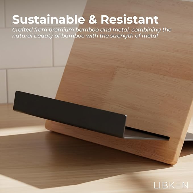 Wooden Book Stand for Reading & Kitchen – Adjustable Cookbook Holder Stand – Rubberwood & Metal Recipe Book Holder – Tablet & Smartphone Stand – Minimal Scandinavian Design - Black