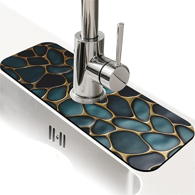 Kitchen Sink Splash Guard, Blue and Gold Stones Faucet Mat Sink Gadgets - Super Absorbent Fast Drying Mat Drip Catcher for Kitchen, Bathroom, Sink Mat, Dish Drying Mat, Bathroom (15" x 5.5")