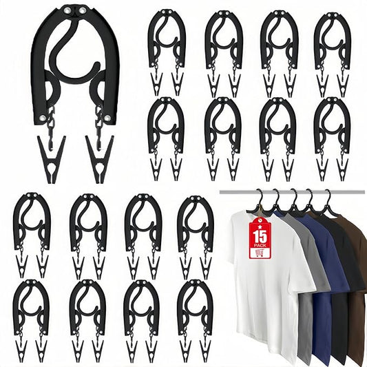 15 Pcs Travel Hangers with 30 Clips Portable Foldable Travel Hanger Organizer, Plastic Cruise Ship Essentials Clothes Hanging Rack Folding Hangers for Traveling Camping Flying RV Europe Suitcase Black