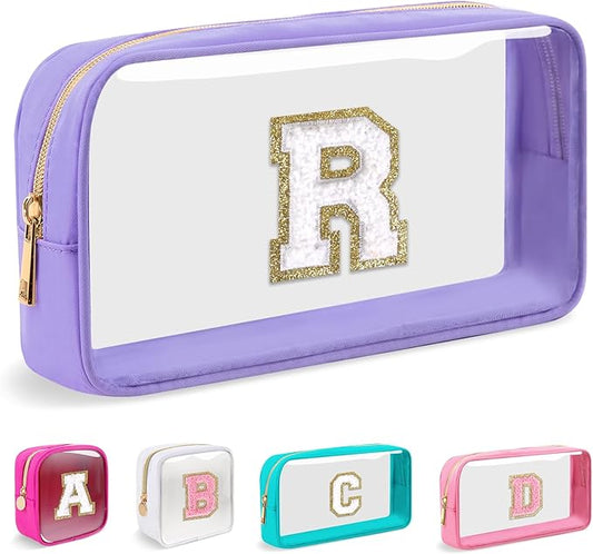Small Clear Personalized Initial Makeup Bag,Nylon Preppy A-Z Chenille Letter Patch Cosmetic Pouch Beach Toiletry Bag,Waterproof Zip Travel Purse Storage Bag Organizer for Women Girls(Purple-White R)