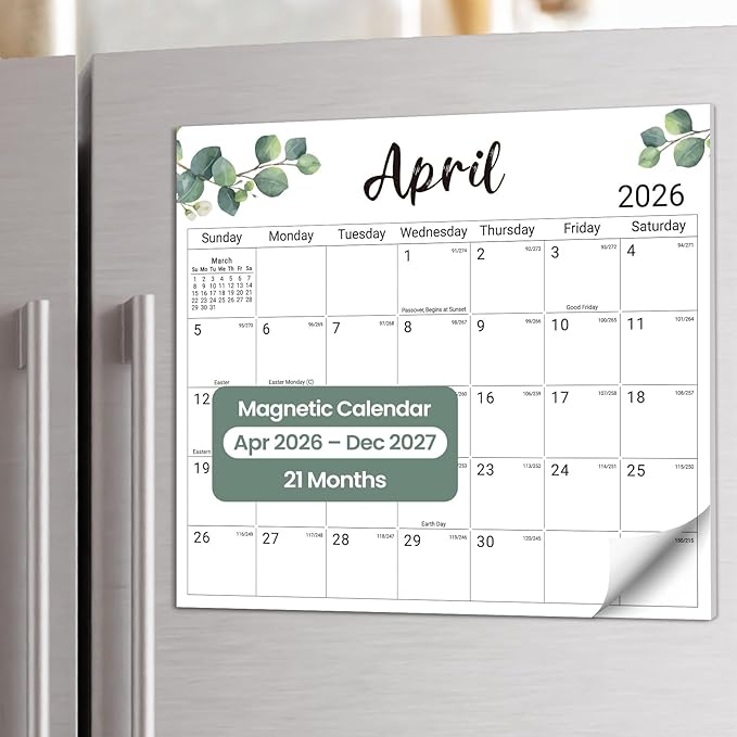 Aesthetic 2026-2027 Magnetic Calendar for Refrigerator, 21-Month Fridge Calendar Magnet from April 2026 to December 2027, Greenery Design for Easy Organizing