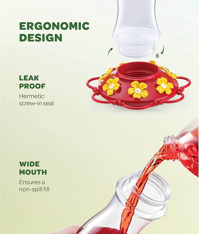 Hummingbird Feeder 30 oz [Set of 2] Glass Hummingbird Feeders for Outdoors - with Built-in Ant Guard - Circular Perch with 7 Feeding Ports - Wide Mouth for Easy Filling/2 Part Base for Easy Cleaning
