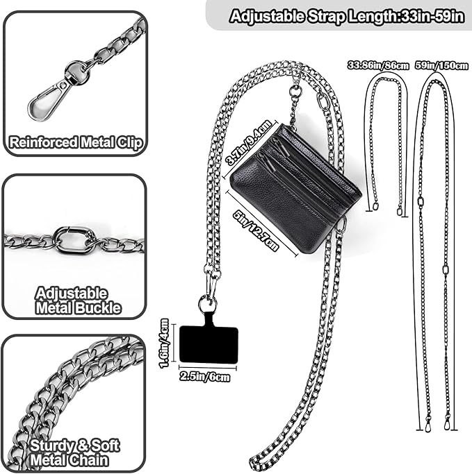 XANGNIER Clip and Go Strap for Phone with Wallet Crossbody, Phone Strap with Zippered Wallet, Adjustable Anti Theft Cellphone Lanyard for Women, Cellphone Chain Accessories, Chain Black