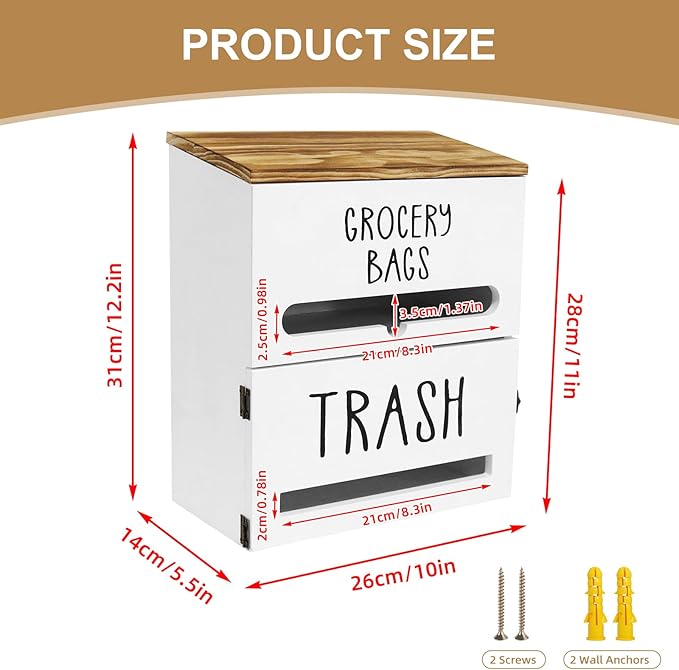 2-in-1 Trash Bag Dispenser, Double Wall Mounted, Wood Trash Bag Holder, for kitchen, garage, laundry room, can store eco-friendly food bags and garbage bags (White)