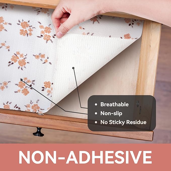 RAY STAR Shelf Liner, Non Adhesive Pink Orange Floral Printed Kitchen Cabinet Liner for Pantry Drawer Vanity, Strong Grip Non Slip, Shelf Liners for Kitchen Cabinets Cupboard 18 Inch x 8 FT (2 Rolls)