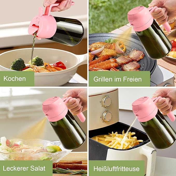 YARRAMATE 16oz/470ml Dark Green Oil Sprayer for Cooking with Stickers, Food-grade Premium 2 in 1 Olive Oil Dispenser Bottle for Kitchen Gadgets, Air Fryer, Salad, Frying, BBQ (Pink)