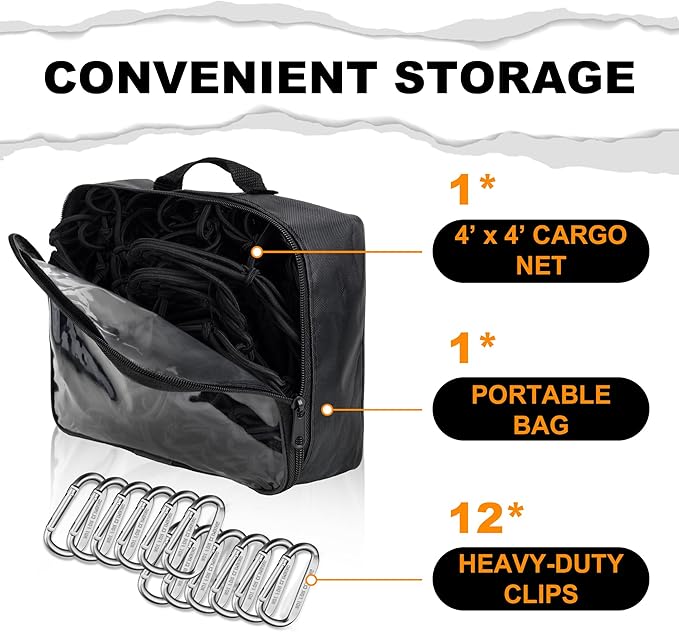 Seven Sparta 4' x 4' Large Cargo Net for Pickup Truck Bed Stretches to 7' x 7' for Truck Bed, Trailer, Trunk, SUV with 12 Bonus D Clip Carabiners Cargo Net for Large Loads (Black, 4'x4')