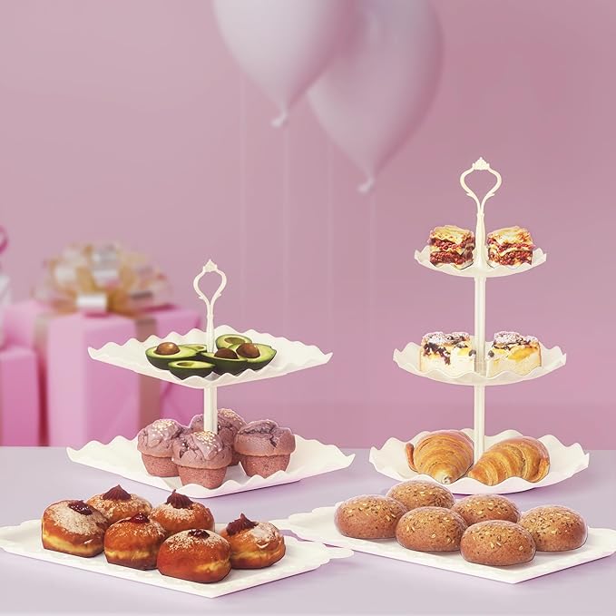 10 Pack Cake Stand Set with 3 x Two-Tier and 3 x Three-Tier Cupcake Stands, Plastic Dessert Table Stand Set 3 Tired Cookie Tray and 4 Pcs Dessert Trays