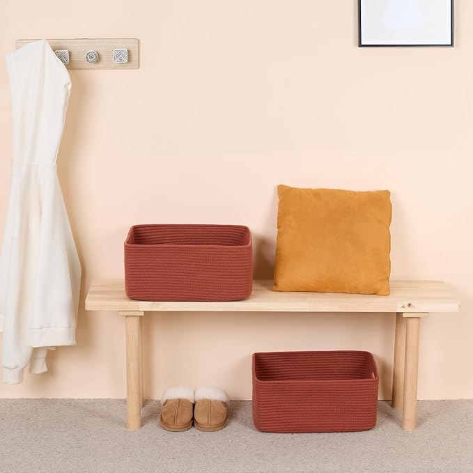 MiniArk Large Storage Baskets for Shelves, Closet Organizers Bins for Clothes Blanket Towels, Baby Nursery, Toy Baskets Box, Woven Rope Baskets, 17 x 13 x 7.5”, 2 Packs Oxide Red