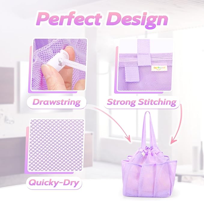 Mesh Shower Caddy Portable with Drawstring, Dorm Room Essentials for College Students Girl & Boy, Larger Shower Bag for Camping, Swimming, Gym, Travel, Bathroom - Purple