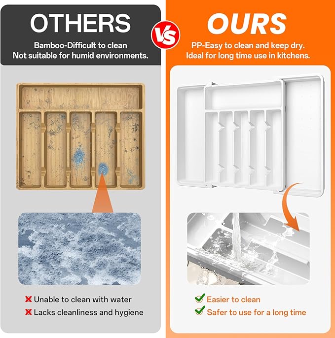 RoomHacks Large Silverware Organizer,Expandable Utensil Drawer Organizer,BPA Free Utensil Holder,Adjustable Silverware Tray Cutlery Drawer Organizer for Kitchen Flatware,Large,White,2 Pack