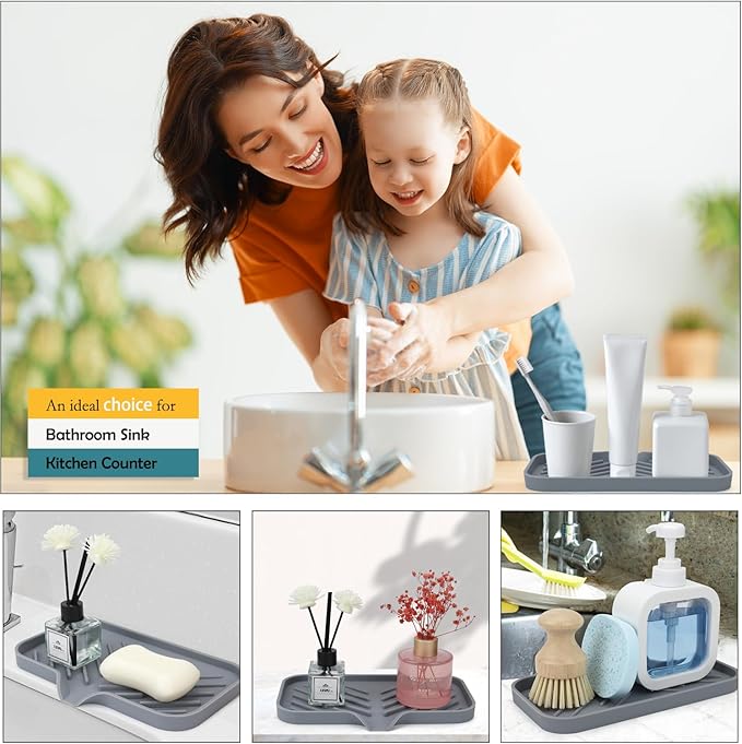 Yasmen Silicone Bathroom Soap Dishes, Sink Sponge Holder for Kitchen, Rubber Soap Dish with Drain, Shower Soap Sponge Tray, Sink or Counter Organizer, for Bar Soap, Bottle, Dish Soap Dispenser-Grey