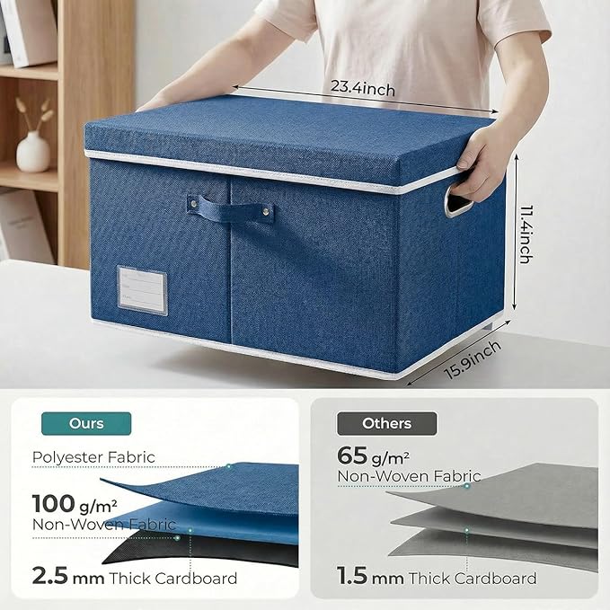 PRANDOM Storage Bins with Lids [3-Pack] Linen Fabric Foldable Storage Boxes Organizer Containers Baskets Cube with Cover for Bedroom Closet Office Royal Blue (23.4X15.9X11.4)