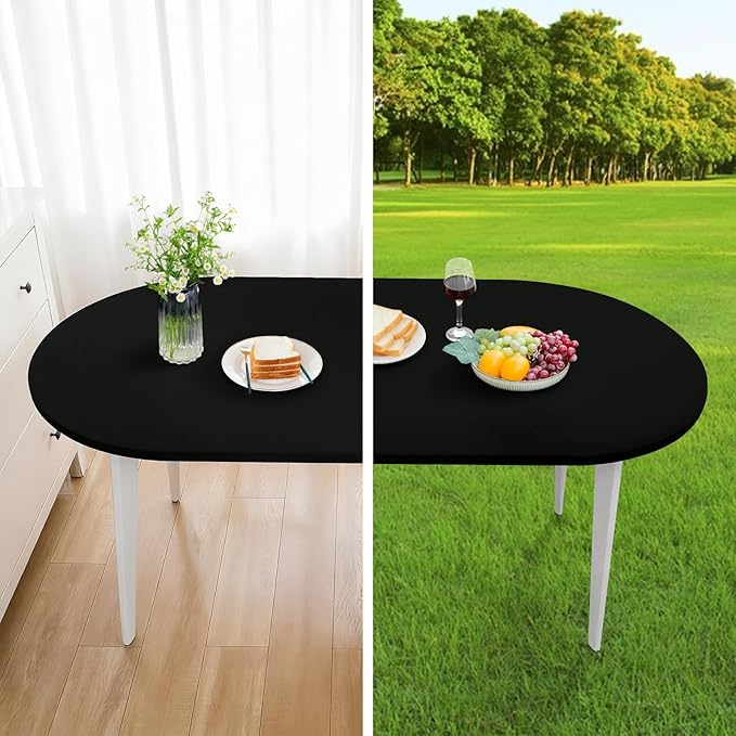 NEWISHER Fitted Oval Tablecloth 42 x 60 Inch Elastic Table Cloth, Stretch Spandex Table Cover Black Washable Polyester Top Cap Cover for Dining Picnic Camping Indoor and Outdoor