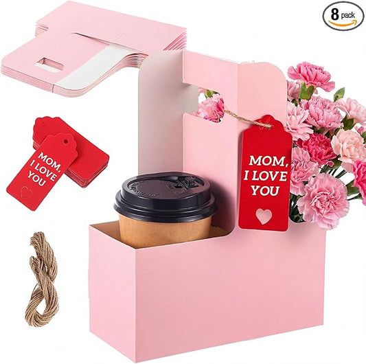 MotiMind 8 Pack 2 Cup Drink Carrier with Handle Kraft Paperboard Cup Holder Portable for Mother's Day Teachers' Day for Hot Cold Drinks Coffee Caddy with Heart Card Rope (Pink)