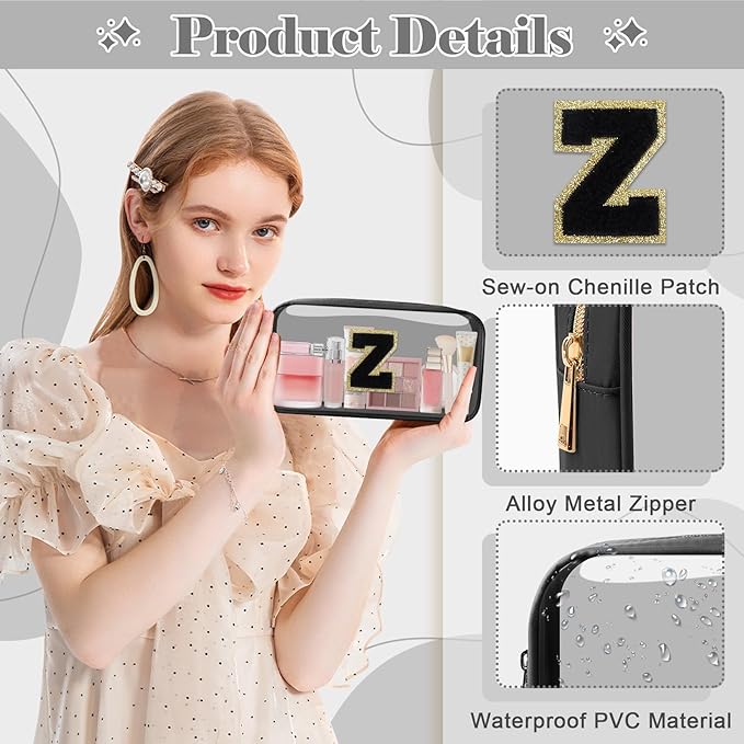 Personalized Initial Letter Clear Makeup Bag, Preppy Small Nylon & PVC Cosmetic Zipper Bag with Chenille Letter, Travel Skincare Toiletry Bag, Monogram Christmas Gift for Teen Girls Women