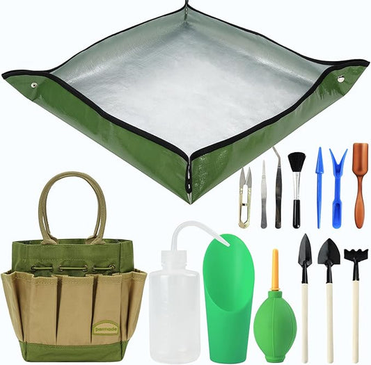 Succulent Tools Kit with Organizer Bag- 13Pcs Indoor Gardening Tools |Mini Succulent Hand Tools with Tote, Succulent Transplanting Supplies, Present for Gardeners Plant Care (Green)