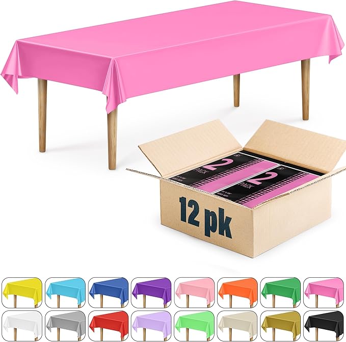 DecorRack 12 Rectangular Tablecloths BPA-Free Plastic, 54 x 108 inch, Dining Table Cloth, Rectangle Table Cover for Parties, Picnic, Camping and Outdoor, Disposable or Reusable, Fuchsia Pink (12 Pack)