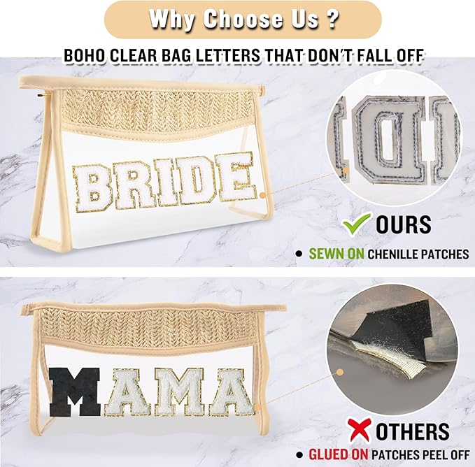 Boho Clear Makeup Letter Patch Makeup Bag BRIDE Pouch, Clear Toiletry Bag Travel Small Cute Chenille Letter Cosmetic Zipper Pouch Purse, Women Transparent Waterproof Glitter Wedding Make Up Bag(BRIDE)
