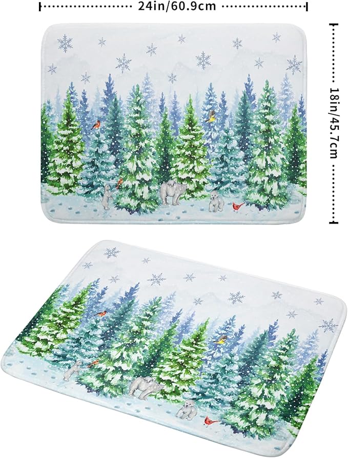 Winter Bear Bird Dish Drying Mat - Welcome Christmas Snowflake Drying Pad for Counter Forest Wildlife Dish Drainer Mat Cabin Animal Kitchen Accessories 18 x 24 Inch