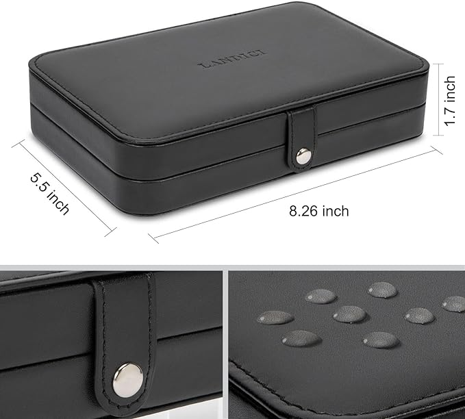 LANDICI Small Jewelry Box for Women Girls, PU Leather Travel Jewelry Case, Portable Jewelry Organizer Storage Holder Display for Ring Earrings Necklace Bracelet Bangle Men Kids Gift, Black
