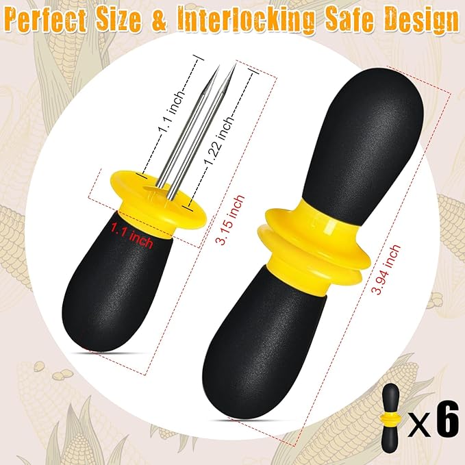 12 Pcs/6 Pairs Corn Holders, Stainless Steel Corn Cob Holders Corn on The Cob Skewers for Home Cooking BBQ Parties Camping, Yellow-Black