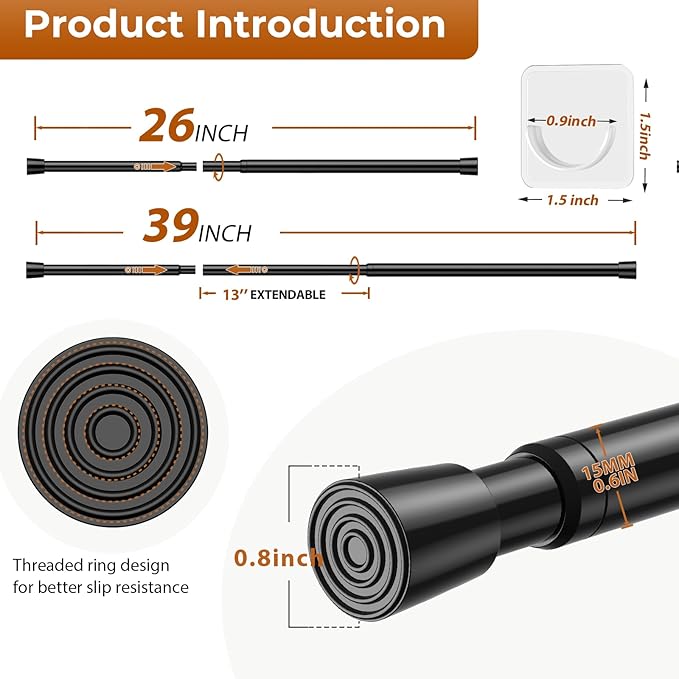 2 Pack Spring Tension Curtain Rod for Windows 26 to 39 inch Black Small Tension Rod Adjustable Spring Curtain Rods No Drilling Short Tension Rod for Kitchen, Closet, Bathroom, Bookshelf