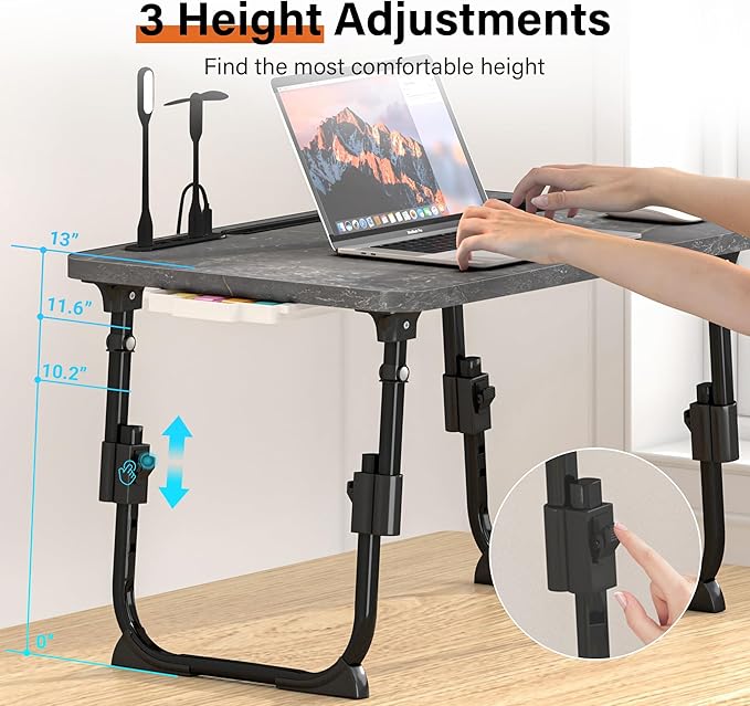 Laptop Desk for Bed, Height Adjustable, Lap Bed Table with USB/Storage Drawer/Cup Holder/Tablet Stand/Book Shelf, Foldable Breakfast Tray Portable for Reading Writing, Sofa & Floor, Deep Stone Texture