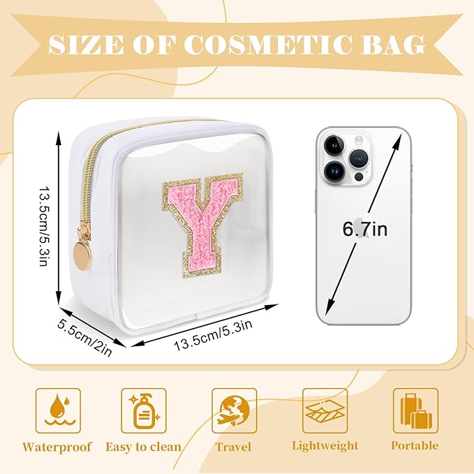 Personalized Initial Letter Clear Preppy Makeup Bag,Mini Nylon Chenille Letter Cosmetic Bag Cute Zipper Pouch Purse for Teen Girls,Portable TSA Approved Beach Travel Essentials Bag Gift for Women,Y
