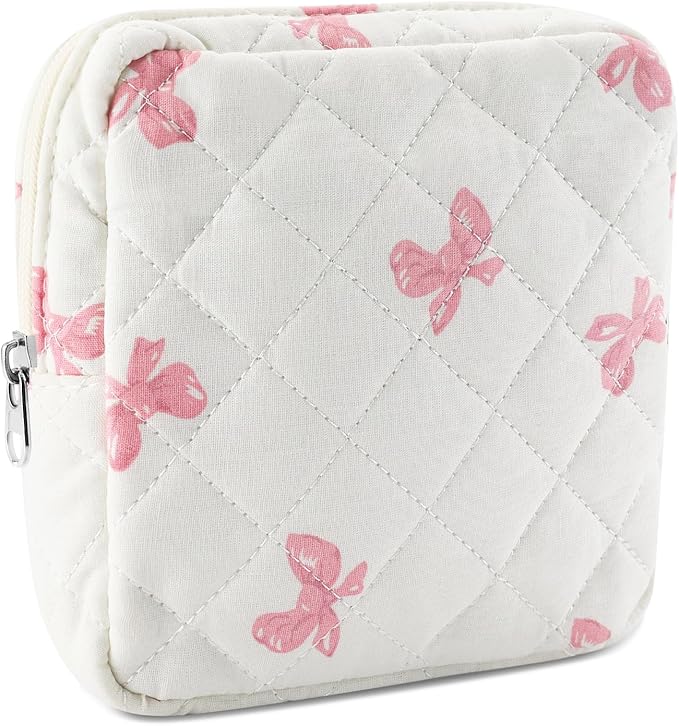 Small Quilted Cotton Makeup Bag for Purse Mini Cosmetic Period Bag for Women Cute Pink Bow Makeup Sanitary Pouch Portable Travel Toiletry Bags with Zipper Christmas Birthday Gifts