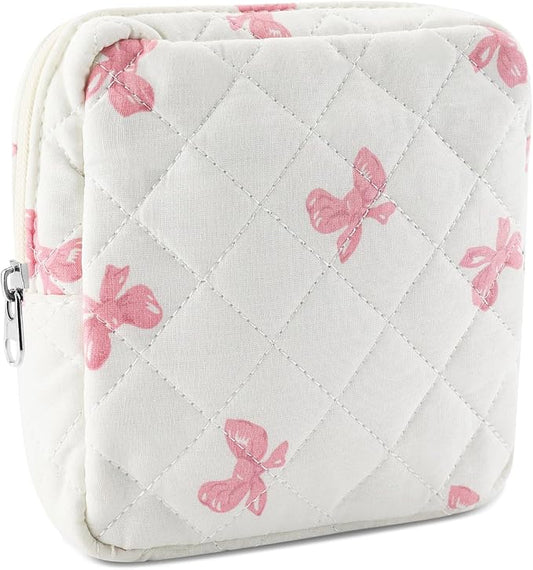 Small Quilted Cotton Makeup Bag for Purse Mini Cosmetic Period Bag for Women Cute Pink Bow Makeup Sanitary Pouch Portable Travel Toiletry Bags with Zipper Christmas Birthday Gifts