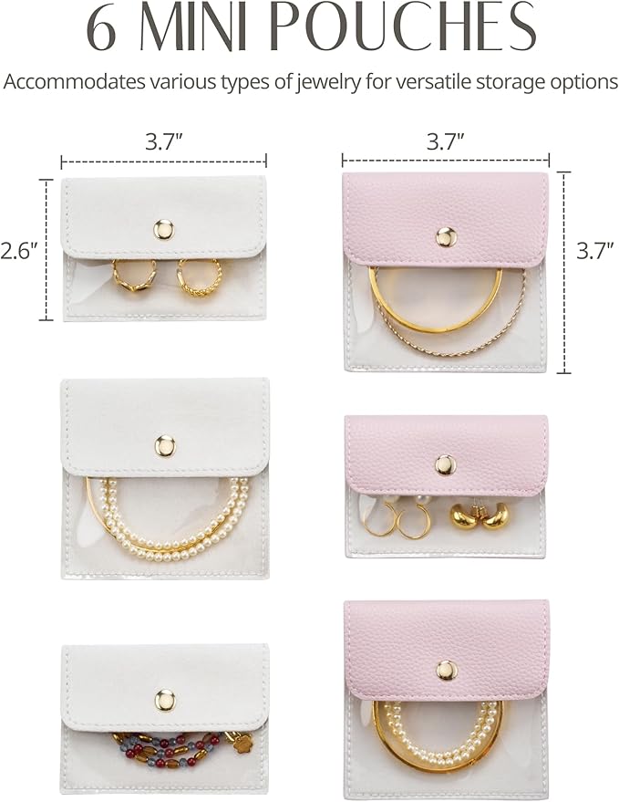 Popvibe Small Jewelry Box Portable Jewelry Case Travel Jewelry Organizers and Storage with 6 Mini Pouch Jewelry Bags, Pink Traveling Jewelry Case for Women