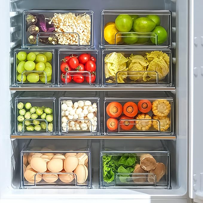 MANO 2 Pack Clear Fridge Drawers, Pull Out Stackable Refrigerator Drawer Organizer Bins, Pantry Storage Box Plastic Food Containers for Kitchen Bathroom Office Closet (2 Pack Large)