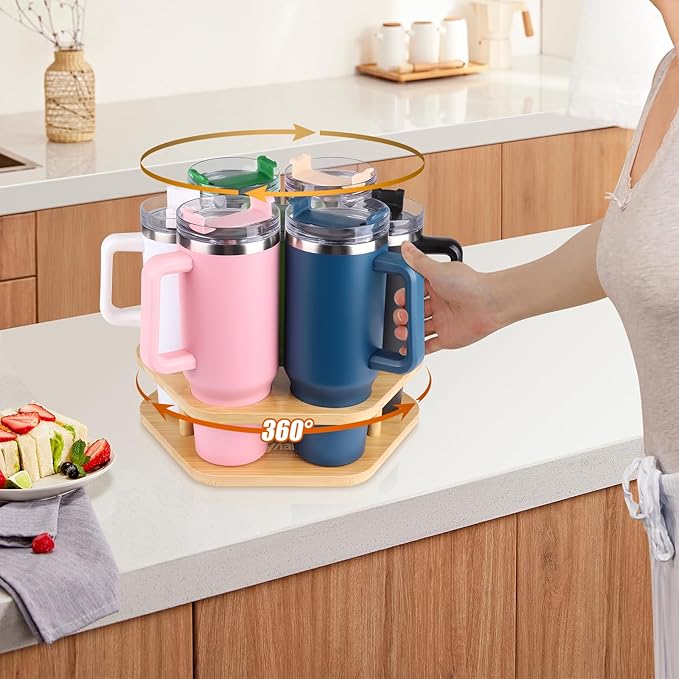 Water Bottle Organizer for Stanley 40 oz Tumbler, 7 Slots Rotatable Stanley Cup Organizer for Kitchen Cabinets, Wood Tumbler Organizer Holder for Stanley Cup Accessories Wood